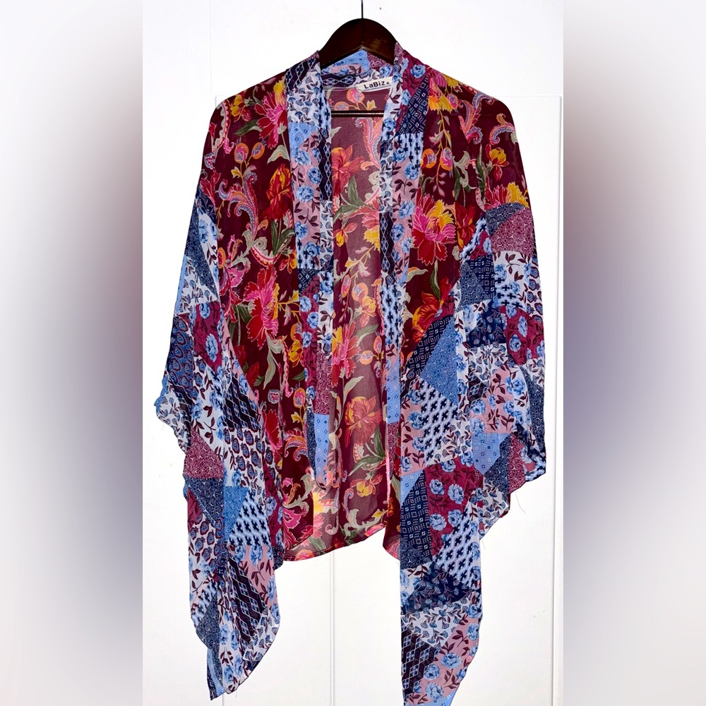 LaBIz Artful Floral Short Kimono Duster Women M Modern Western‎ Wear Relax OSFM
